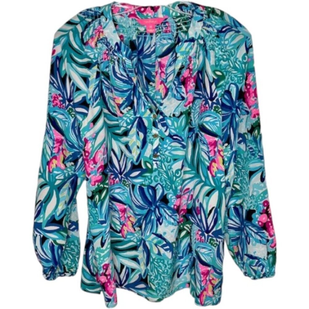 Lilly Pulitzer Elsa Smocked Silk Popover - Navy Turquoise Fuchsia - M